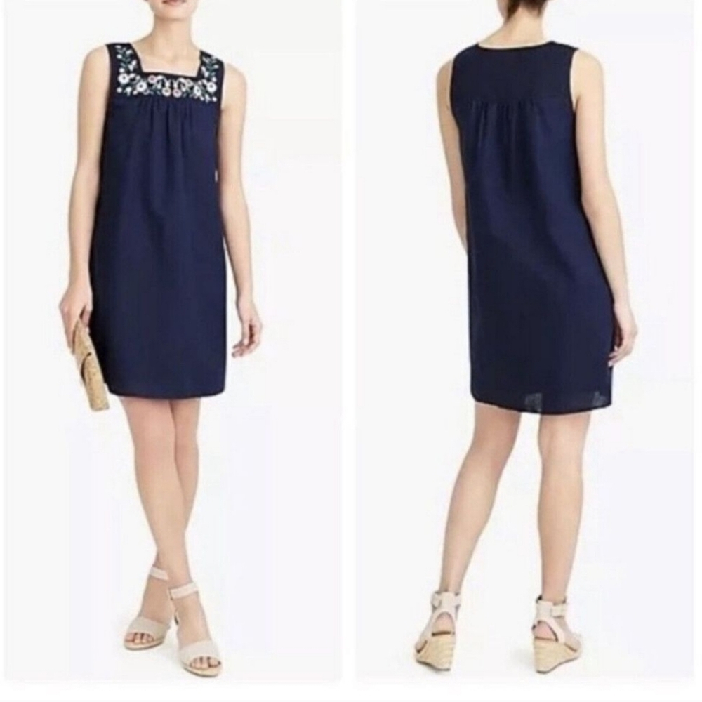 J Crew Navy Blue Line Blend Tank Shift Dress Floral Embroidered NWT M